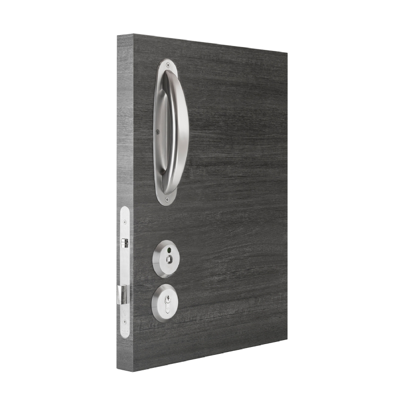 The lockset features a lock status indicator for washroom areas.