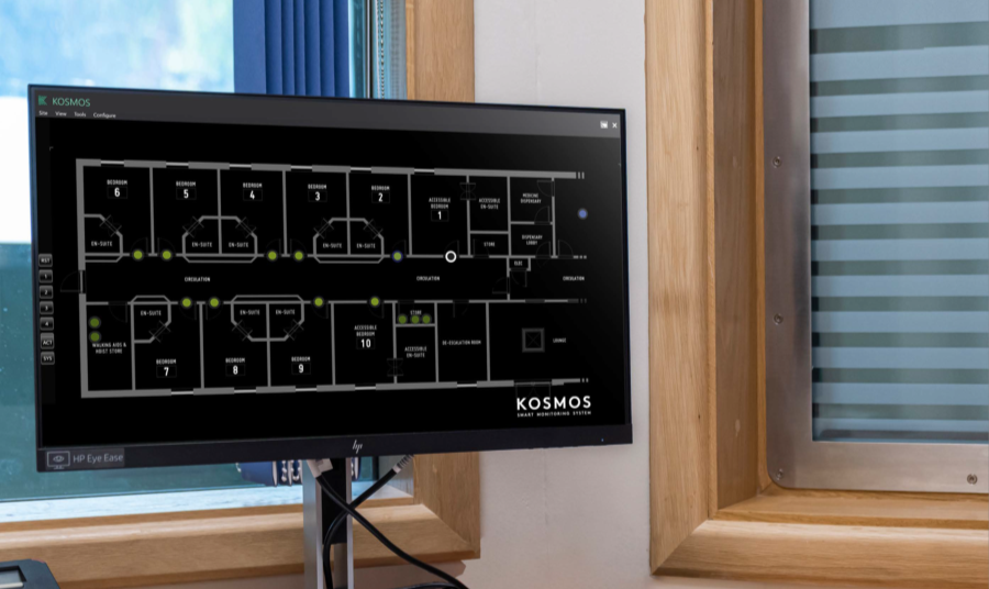 Kingsway Group's ligature monitoring software, KOSMOS, displaying live ligature monitoring across a ward floorplan.