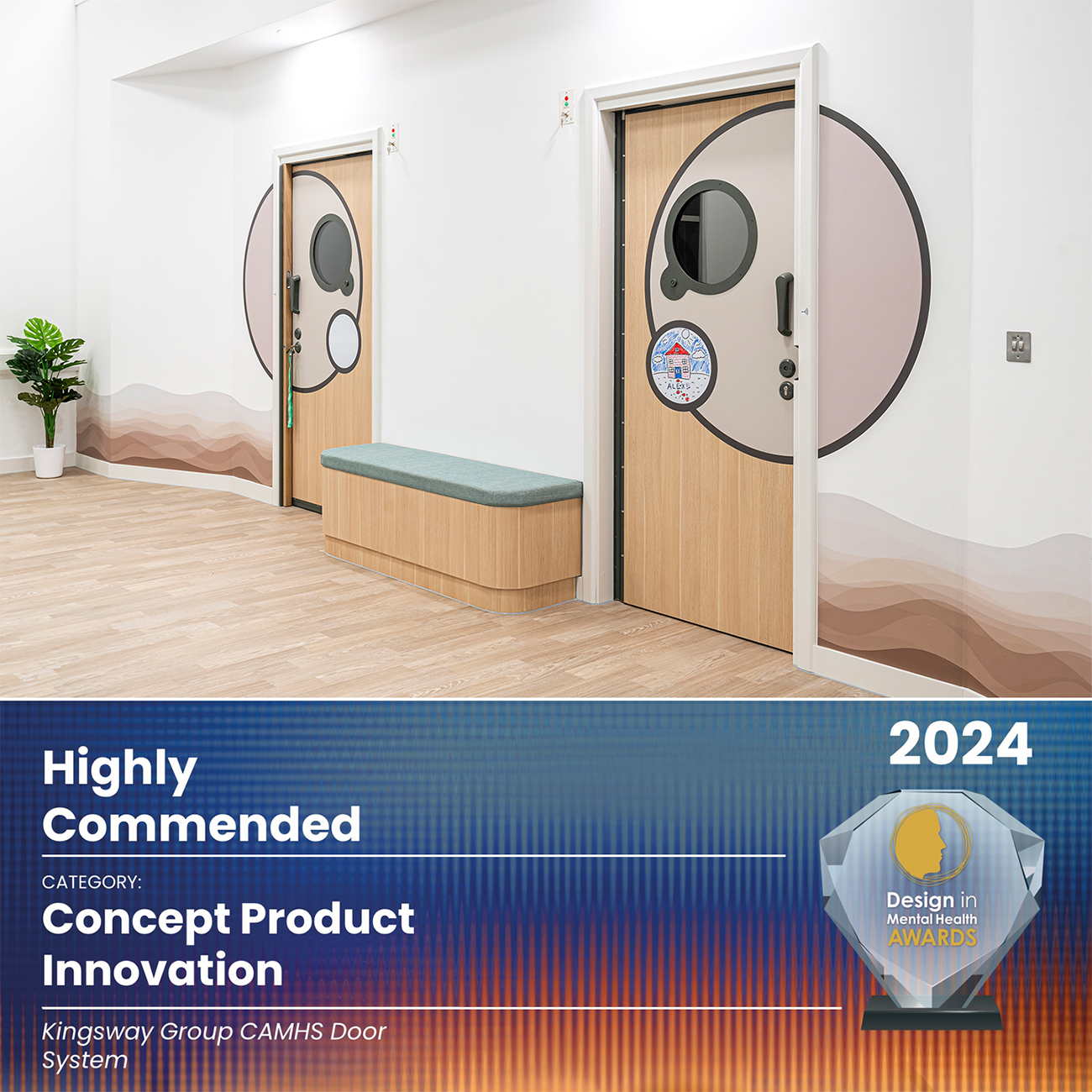 Kingsway CAMHS SENSORY Door Highly Commended at Design in Mental Health 2024.