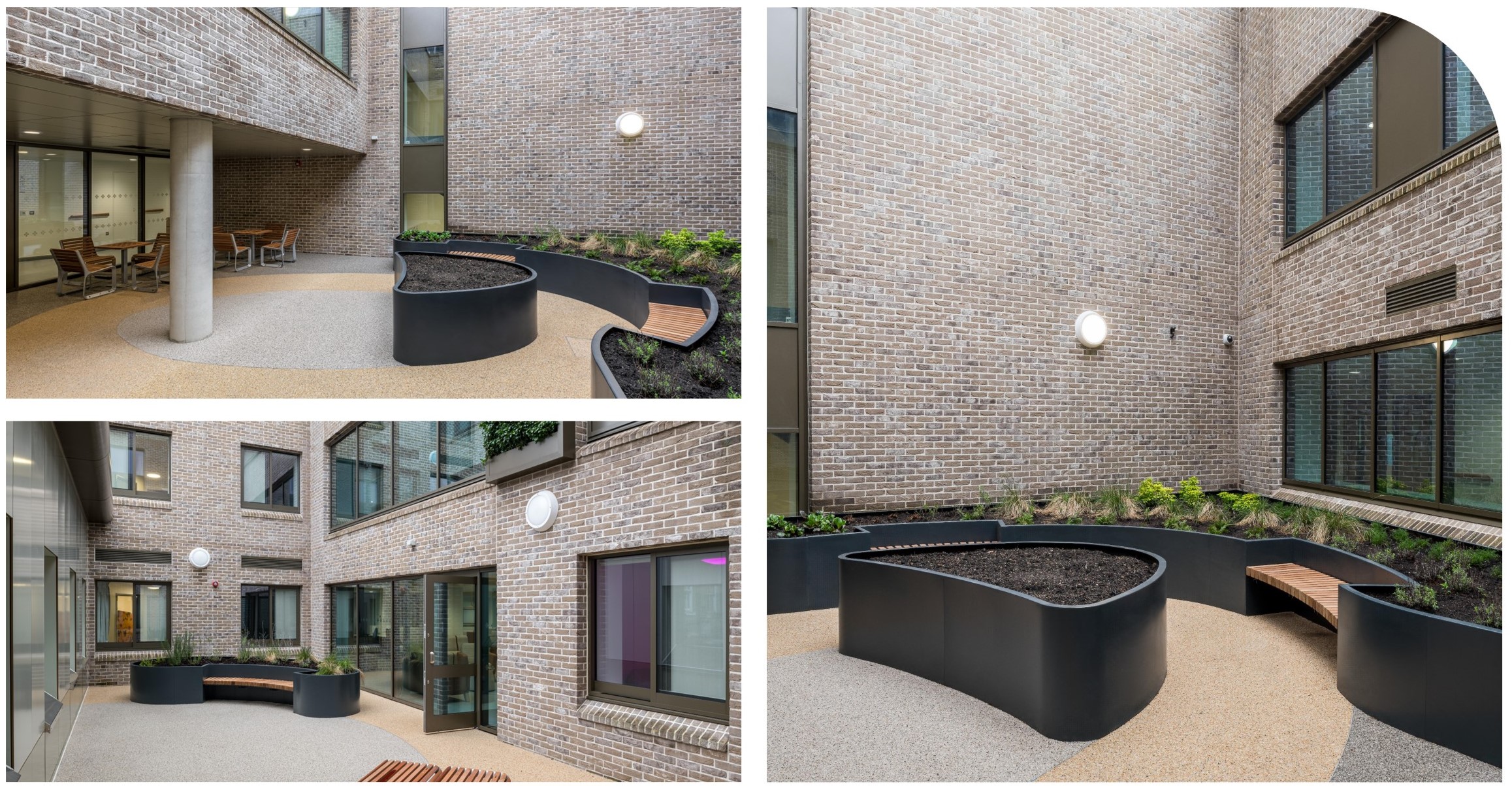 Safe outdoor space in a mental healthcare ward with seating to relax.