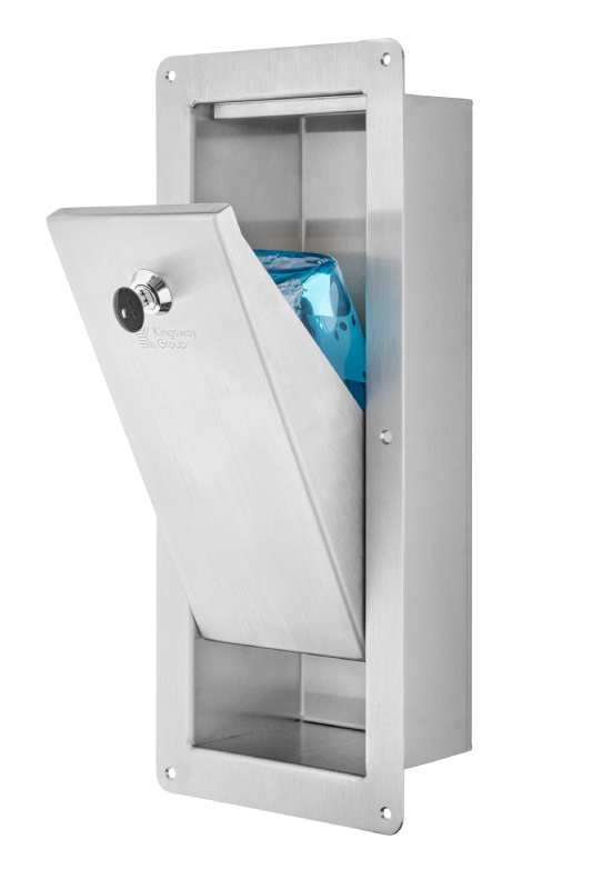 The dispenser can be unlocked by staff to insert refill cartridges.