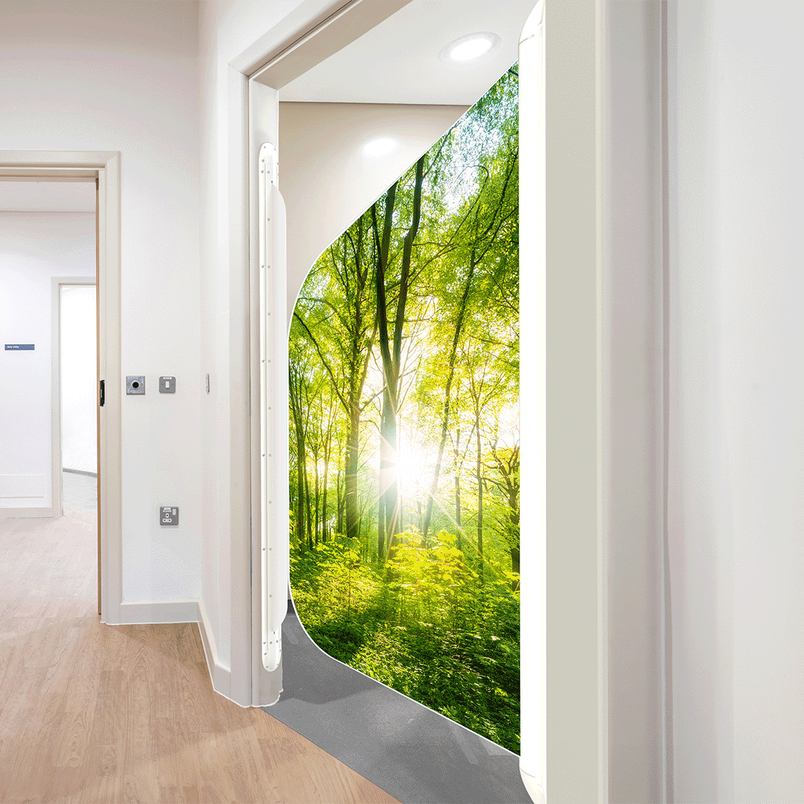 Ligature-resistant en-suite door for behavioral health washrooms, designed by Kingsway USA,
