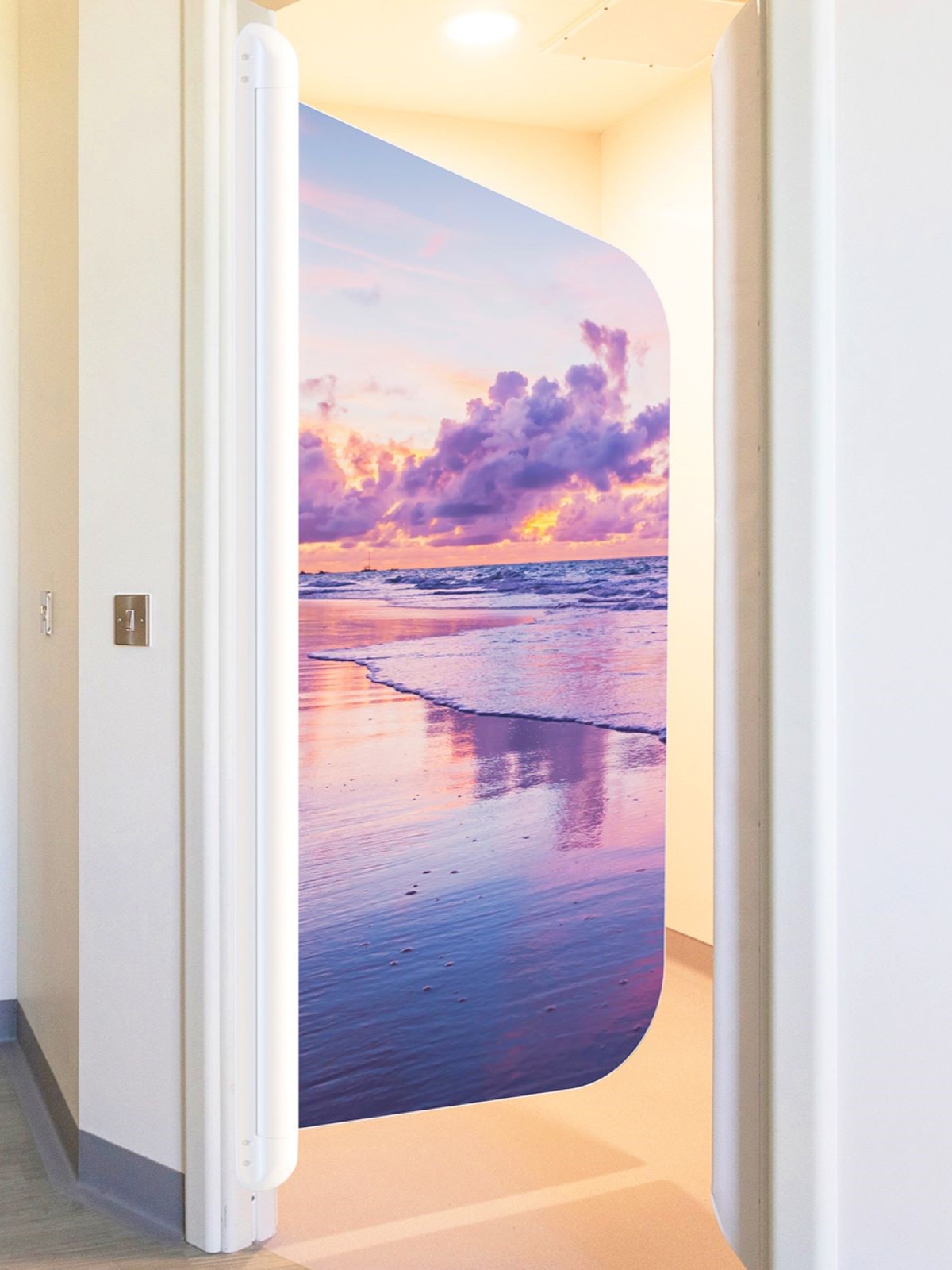 An anti-ligature doorset with for patient bathroom areas to maintain privacy and safety, manufactured by Kingsway Group USA for behavioral health facilities.