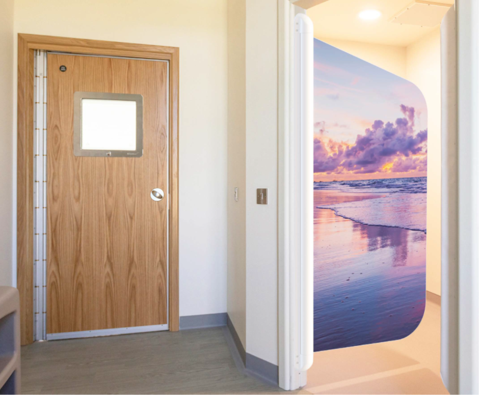 Kingsway Group USA's new anti-ligature SHOWER Door for behavioral health facilities can be finished with custom imagery across the entirety of the door leaf.