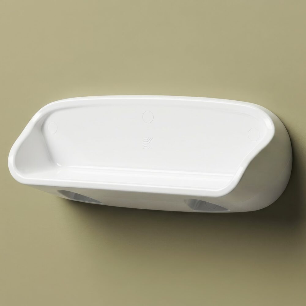 An anti-ligature washroom shelf, co-produced as part of Kingsway's Kalm washroom range.