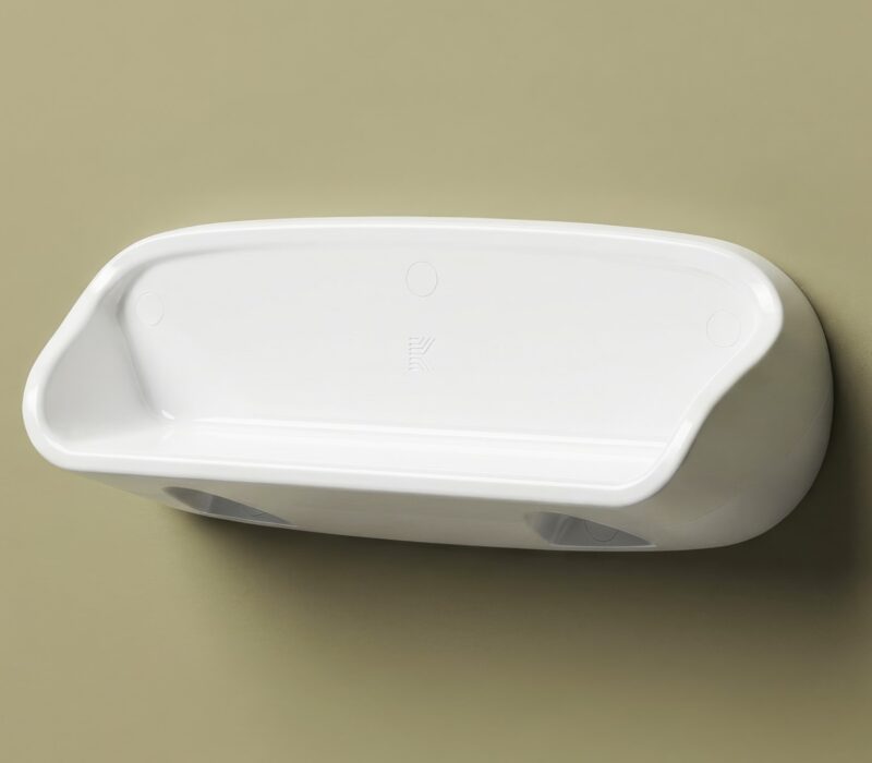 An anti-ligature washroom shelf, co-produced as part of Kingsway's Kalm washroom range.
