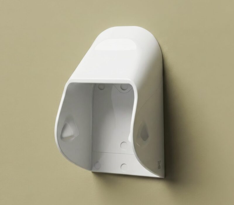 An anti-ligature toilet roll holder, co-produced as part of Kingsway's Kalm washroom range for mental health environments.