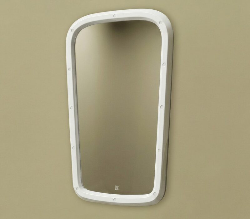 An anti-ligature mirror, co-produced as part of Kingsway's Kalm washroom range for mental health environments.
