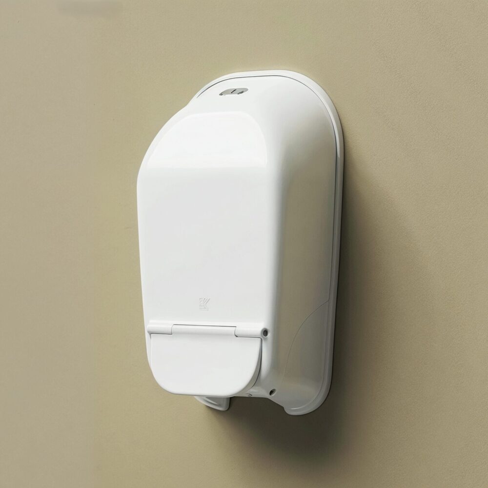 An anti-ligature soap dispenser, co-produced as part of Kingsway's Kalm washroom range for mental health environments.