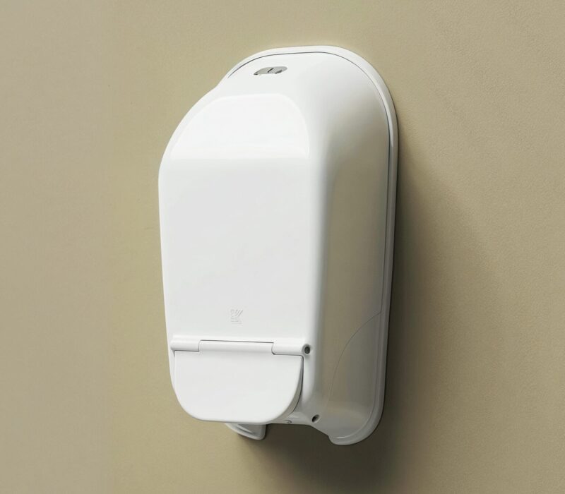 An anti-ligature soap dispenser, co-produced as part of Kingsway's Kalm washroom range for mental health environments.