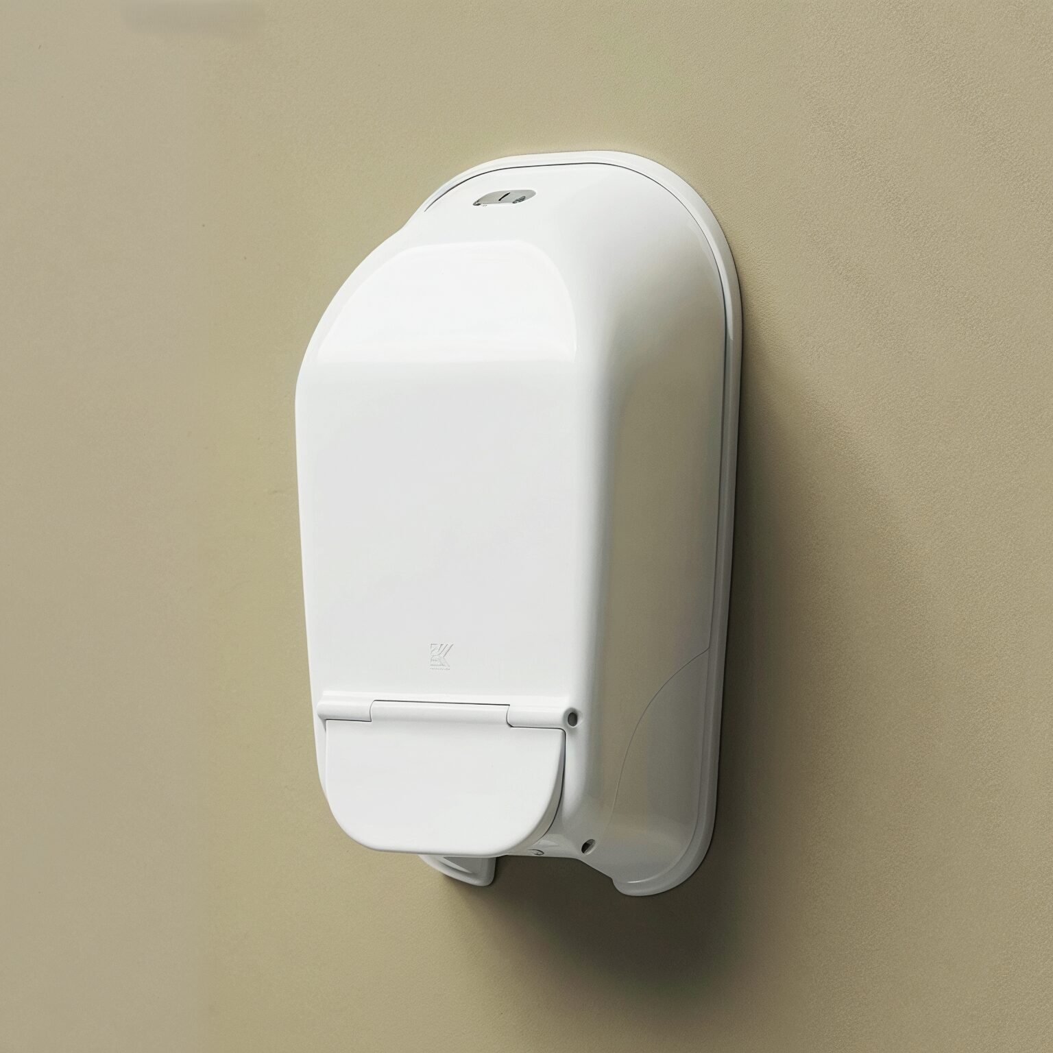 An anti-ligature soap dispenser, co-produced as part of Kingsway's Kalm washroom range for mental health environments.