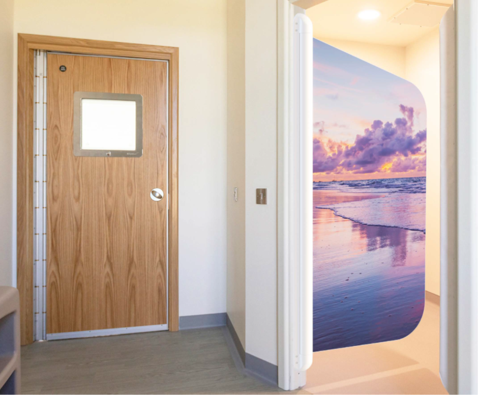 Kingsway Group's anti-ligature SHOWER Complete Door System with a customised image on the door leaf.